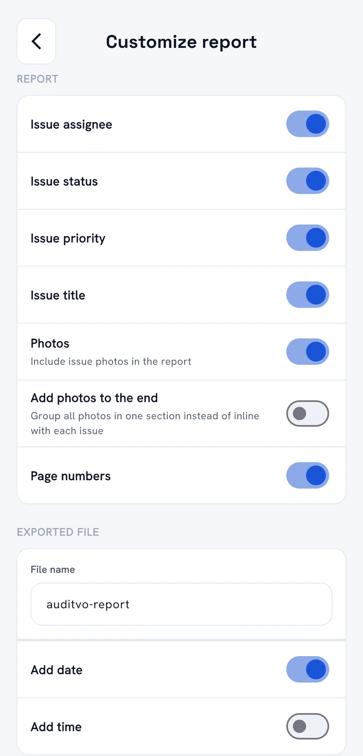 Customize report screen with toggles for assignee, status, priority, photos and page numbers