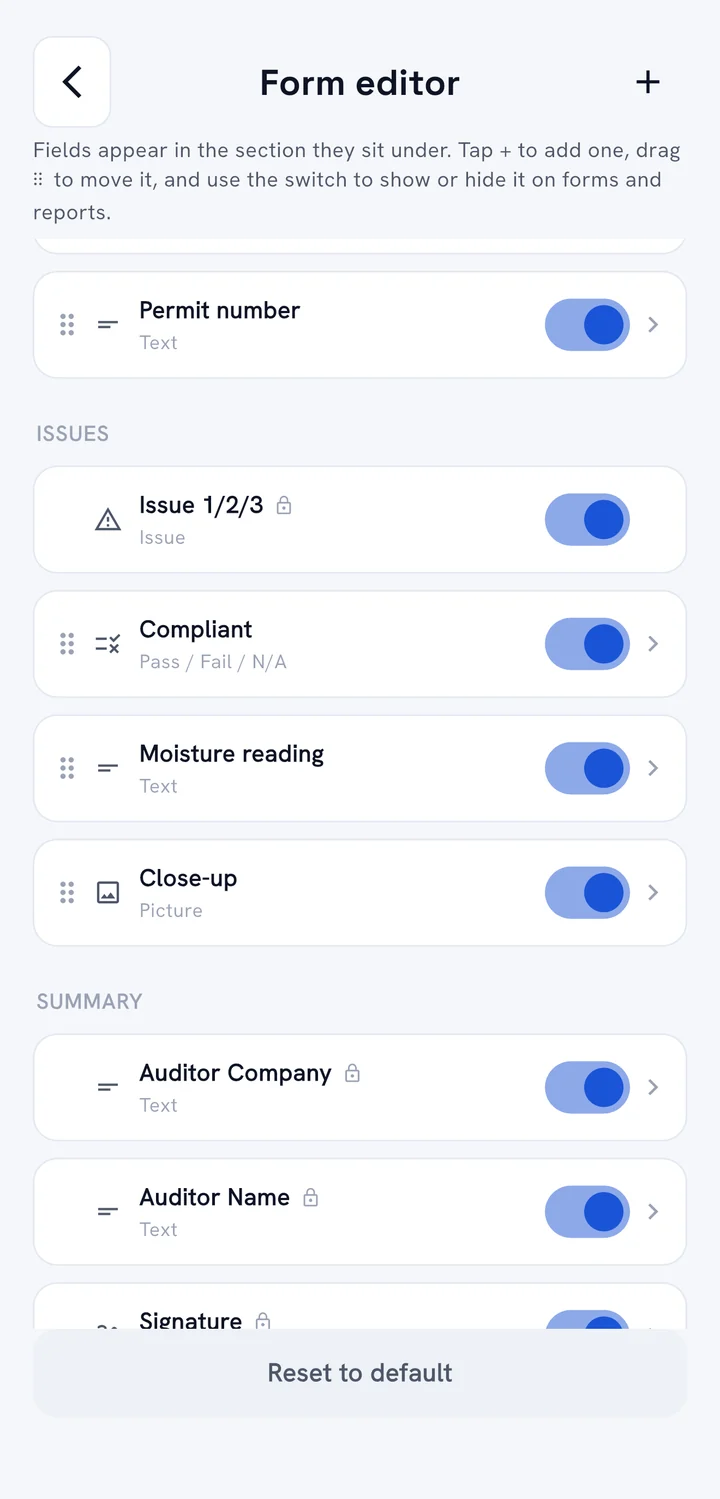 Form editor with custom fields: Permit number, Compliant (Pass / Fail / N/A), Moisture reading and a Close-up photo