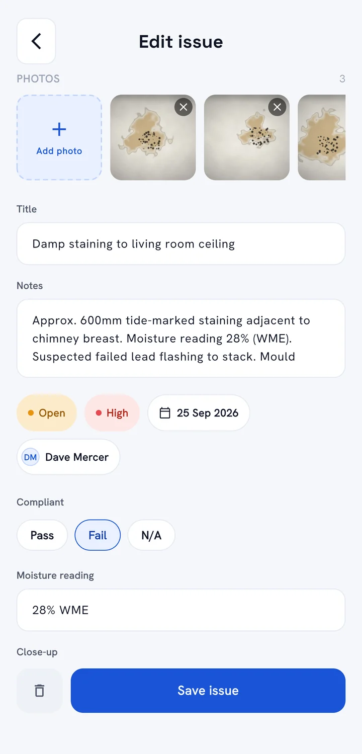 An issue with three photos, notes, status, priority, due date, assignee and custom fields