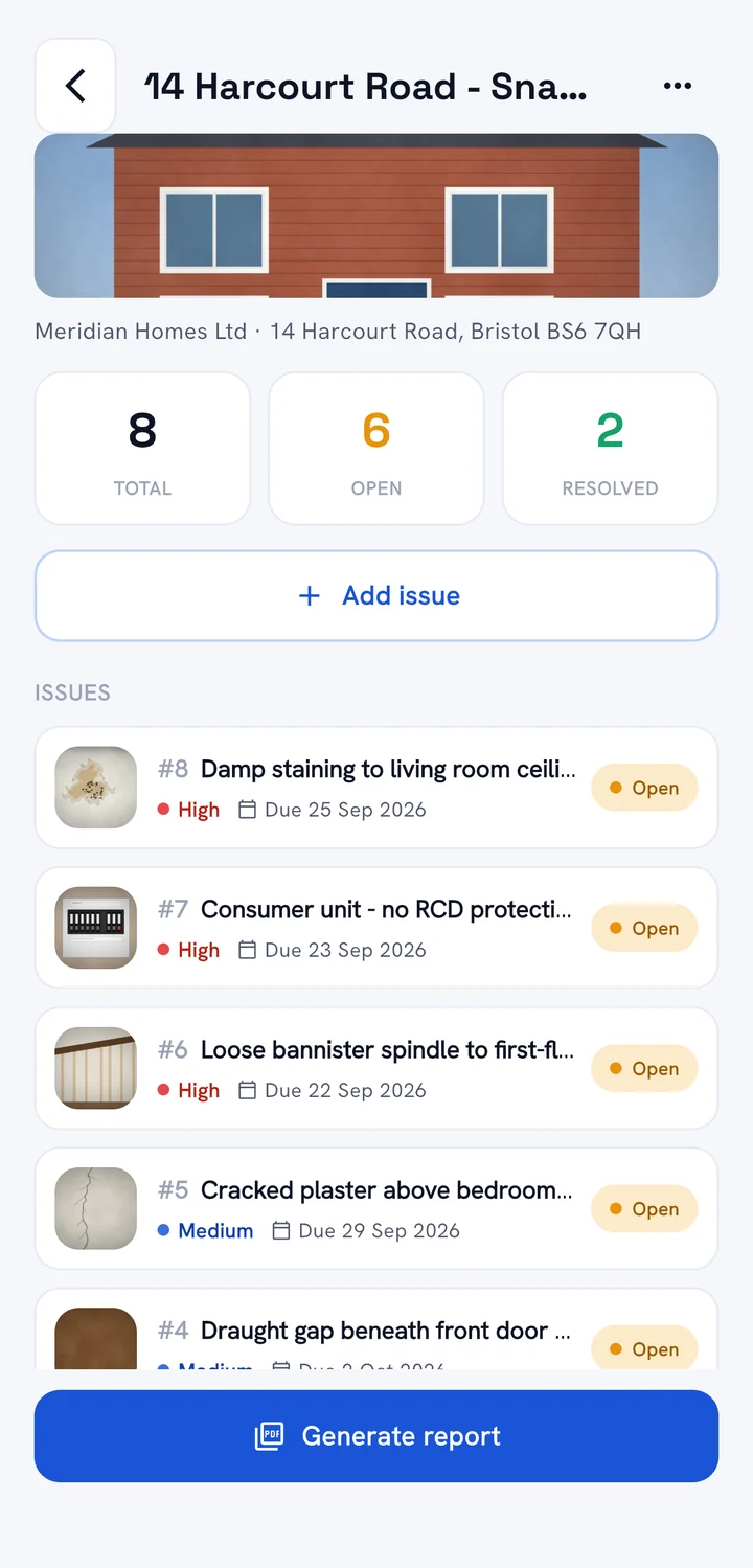 Project screen with 8 issues: 6 open and 2 resolved, each with a photo thumbnail