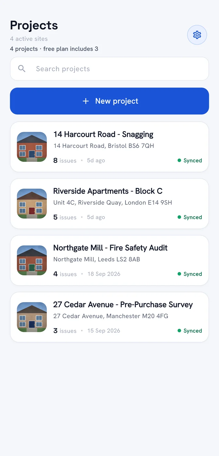 AuditVo projects list: four sites, each with a cover photo, issue count and a Synced badge