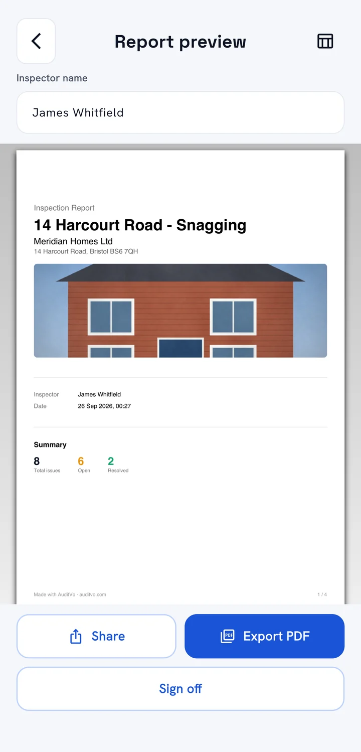 Report preview showing the cover page with project title, client, cover photo, inspector, date and issue summary