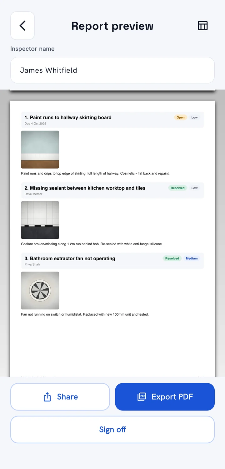 Report pages listing issues with photos, status and priority tags